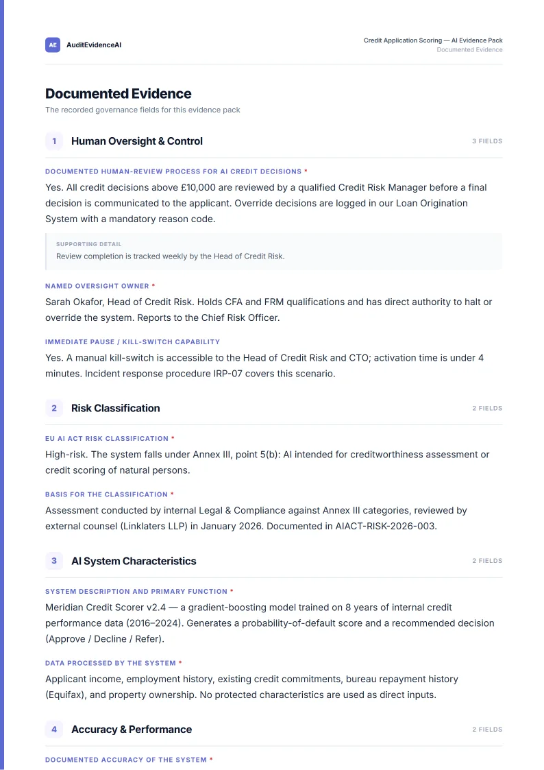 Documented evidence section — question label, answer, and supporting detail